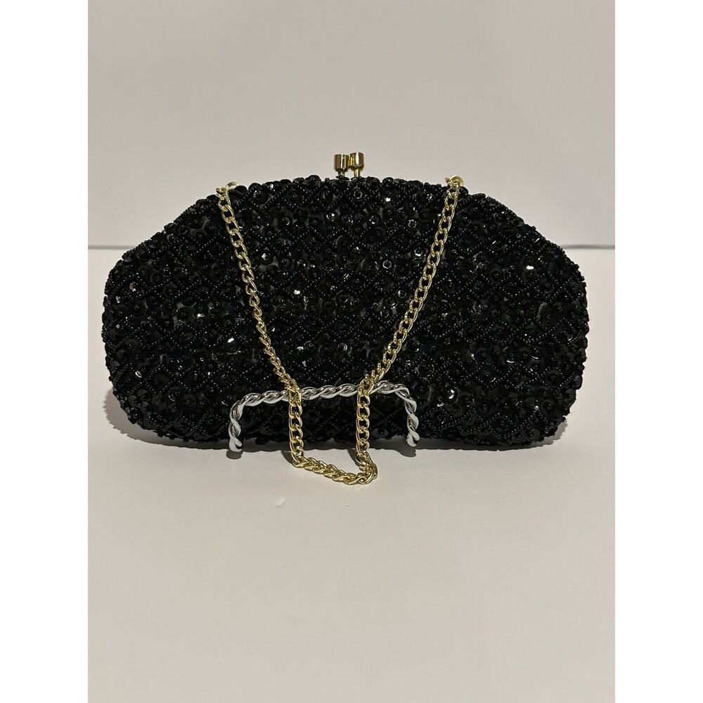 Vintage Shaggee of California Black Beaded Chain Evening Clutch Cocktail Formal